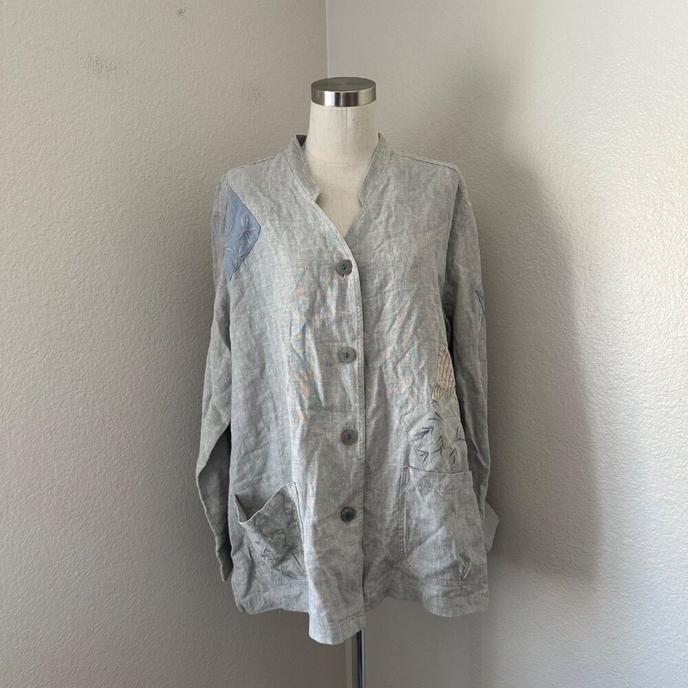 J. Jill Embroidered Patchwork Linen Jacket V Neck Front Closure Airy Stylish NWT